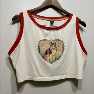 Shein Quirky Cat Painting Heart Sleeveless Tank Cropped Crop Top Shirt Cream